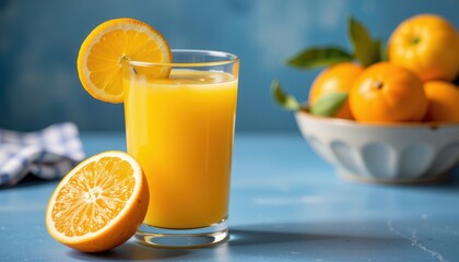 Fresh orange juice with sliced fruit and a bowl of oranges.