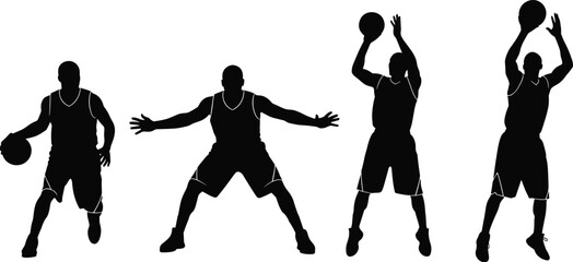 Basketball player silhouette action poses showing dribbling defense jumping shooting sports movement athletic training illustration set © Arman