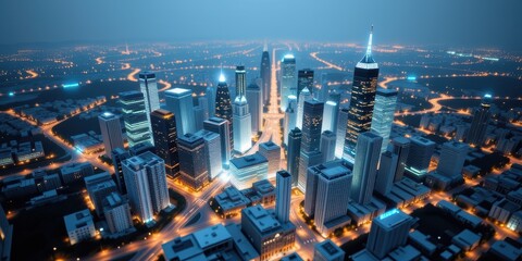 Naklejka premium Aerial view of a vibrant city skyline illuminated at night.