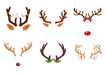 Christmas Reindeer Antlers Vector Set. Deer Horns with Ears, Lights and Red Nose. Holiday Headband Elements for Photo Booth Props and Masks. © nguyenhuu