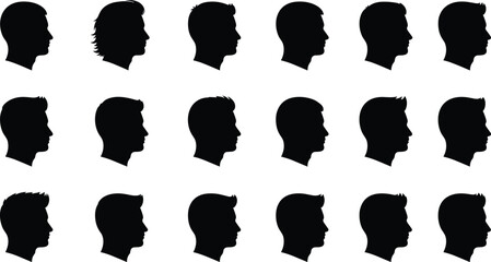 Male head profile silhouette set showing diverse hairstyles face shapes avatars for character creation identity illustration collection