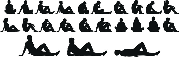 Seated human silhouette poses collection showing relaxed sitting positions body language gestures for design reference illustration set © Arman
