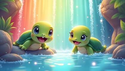 Fototapeta premium Two cheerful baby turtles play happily in sparkling turquoise water before a magical, rainbow-colored waterfall.