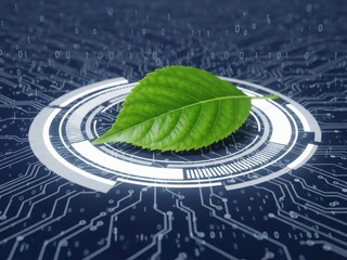 Green Leaf on Futuristic Digital Circuit Board with Glowing Ring.