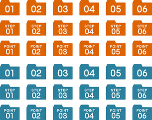 手順や流れを示すステップ番号とポイント番号のフォルダのラベルのアイコンセット（Icon set of folder labels with step numbers and point numbers to indicate procedures and flows）
