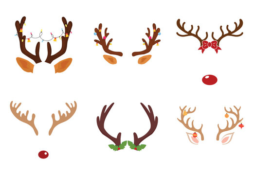 Christmas Reindeer Antlers Vector Set. Deer Horns with Ears, Lights and Red Nose. Holiday Headband Elements for Photo Booth Props and Masks.