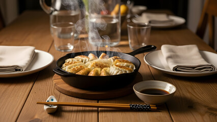 Cast Iron Pan with Dumplings and Dipping Sauce.