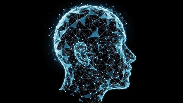 Abstract blue glowing wireframe human head profile, symbolizing artificial intelligence and technology - Powered by Adobe