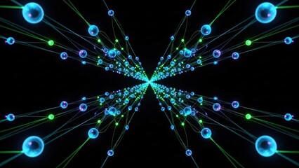 Abstract glowing spheres network on black background, radiating blue and green lines, futuristic data connection concept.