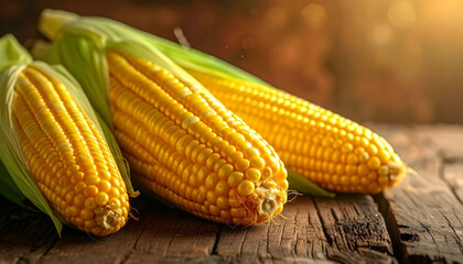 Whole corn cobs arranged neatly on a rustic wooden table