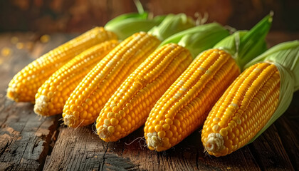 Whole corn cobs arranged neatly on a rustic wooden table