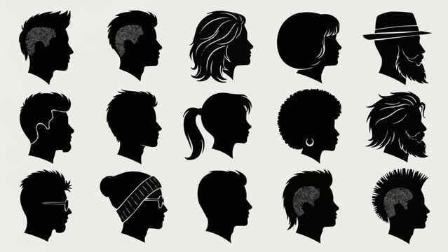 Collection of Diverse Human Head Silhouettes Showcasing Various Hairstyles and Accessories.