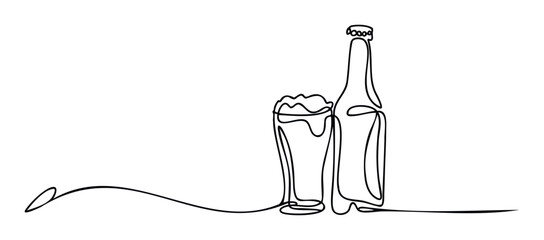 Simple outline of a beer bottle next to a full glass of beer with foam, created with a single unbroken line, suitable for pub branding and drink promotions.