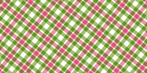 A festive diagonal argyle plaid pattern in pink, green, white, and brown, perfect for Christmas, holiday, or general textile designs
