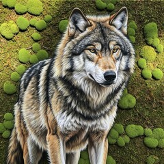 Forest Wolf Acrylic for fur details charcoal for shadows and mos