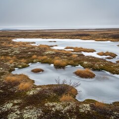 Frozen Tundra with Sparse Vegetation A flat treeless landscape c
