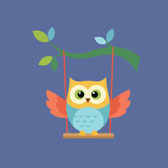 A charming cartoon owl with colorful plumage sits on a wooden swing suspended from a leafy branch against a solid blue background.