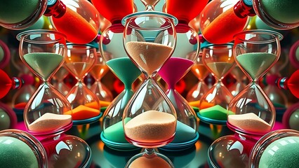 Fototapeta premium Colorful overlapping hourglasses with upward-flowing sand, depicting the unique perception of time in ADHD.