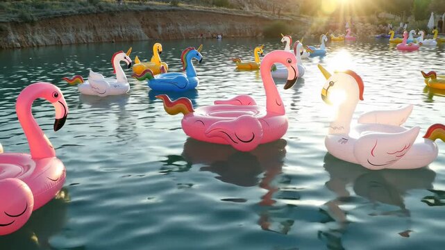 Colorful inflatable flamingo and unicorn pool floats floating on calm water during sunny day. Fun summer recreation with flamingo, unicorn.