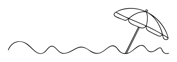 Continuous single line drawing of a beach umbrella on a wavy sand dune perfect for summer vacation and seaside travel themes.