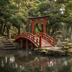 Japanese Torii Bridge A traditional vermilion bridge with a tori