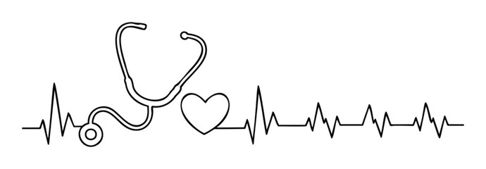 Stylized heartbeat electrocardiogram line featuring a stethoscope and heart symbol representing medical health care and life rhythm for cardiology or wellness concepts.