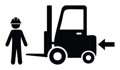 Safety warning silhouette of a person wearing hard hat next to a forklift truck with an arrow indicating danger zone for better workplace hazard awareness and industrial safety promotion in