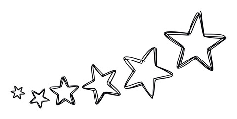 Simple handdrawn stars arranged in a rising sequence from small to large, perfect for representing growth, success, or rating systems in presentations and graphic projects.