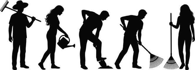 Garden work silhouettes collection, men and women gardening with rake shovel and watering can, outdoor labor and landscaping activities, isolated black vector illustration set © MdHasan