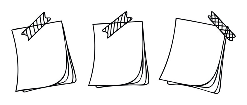 Three blank note sheets with taped corners shown in a simple line style perfect for adding text or graphics for memos and reminders.