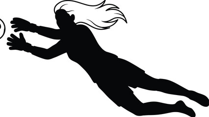 Female goalkeeper diving save silhouette, soccer football action pose with flying hair, dynamic sports moment, isolated black vector illustration for athletic design