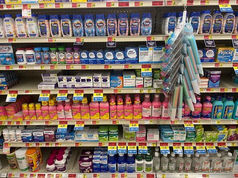 IGA grocery store Pain and stomach relief section close up prices
