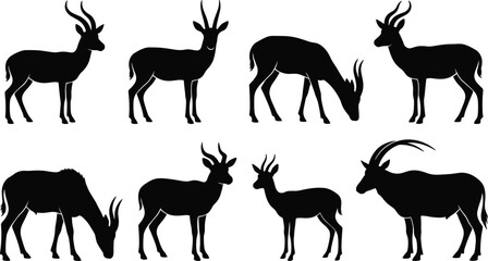 Antelope silhouettes collection, wild deer and gazelle poses in nature, graceful animal wildlife set, isolated black vector illustration for safari, conservation, design projects