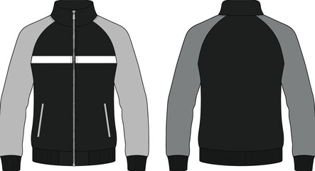 Men jacket front back view, modern zippered sportswear design, apparel mockup template, technical fashion clothing, cad drawing flat vector illustration