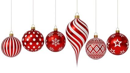A collection of red Christmas ornaments hanging from strings against a white background