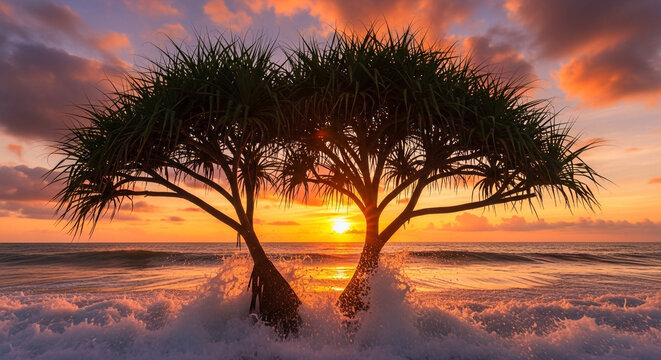 Dramatic sunset over the ocean with waves crashing against two pandanus trees on the beach, casting a warm glow