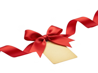 Red satin ribbon tied in a bow with a blank beige gift tag attached, isolated on transparent background