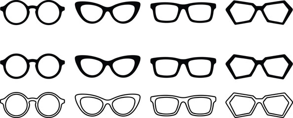 Eyeglasses outline vector set, retro and modern frames collection, minimalist line art eyewear icons for fashion, optical branding, and design projects