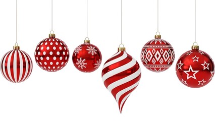 Collection of assorted red and white Christmas ornaments hanging on a white background