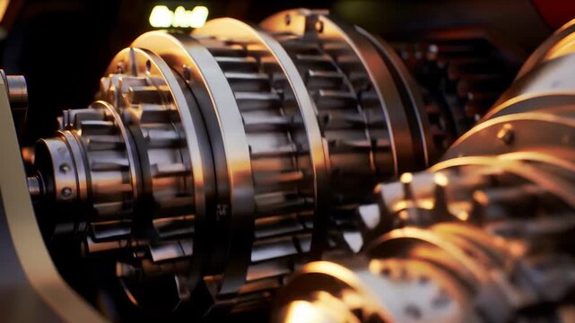Detailed close-up of complex metal engine gears and components, industrial technology concept, automotive part, machinery.