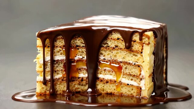Delicious layered cake with chocolate drizzle.
