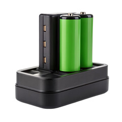 Rechargeable battery charger with transparent background, designed for efficient charging of batteries, showcasing sleek and modern look