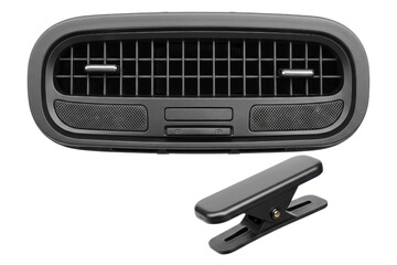 Black car dashboard air vent grille with mobile phone holder on a transparent background