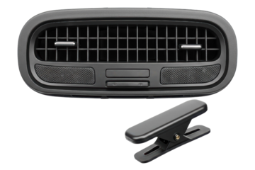 Black car dashboard air vent grille with mobile phone holder on a transparent background