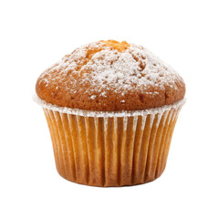 Delicious pumpkin spice muffin with transparent background, showcasing its fluffy texture and powdered sugar topping, perfect for any dessert lover