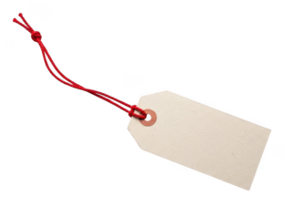 Blank beige paper gift tag with red string tied in a bow, isolated on transparent background