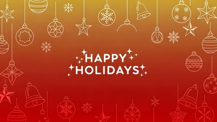 Fototapeta premium Warm gradient background in red and orange hues adorned with outline christmas ornaments, stars, bells, and snowflakes, featuring a central sparkling text of happy holidays