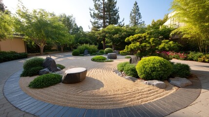 Tranquil Zen Garden Landscape with Rocks, Sand Patterns, Green Shrubs, and Dappled Sunlight in Peaceful Outdoor Setting