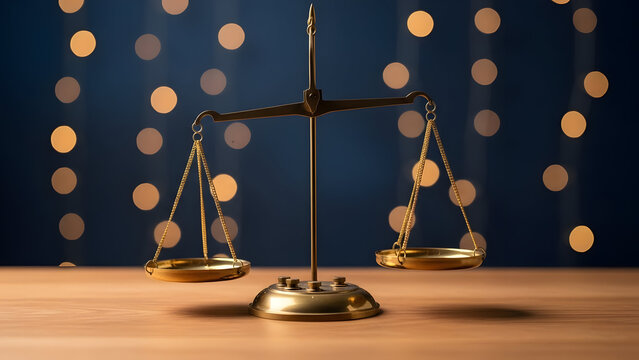 A gold scale on a wooden table with a dark blue background