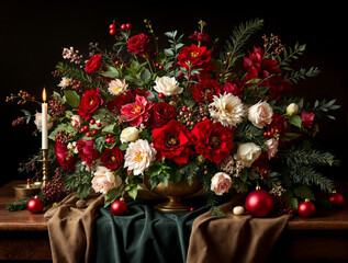Elegant Holiday Floral Arrangement with Candlelight and Ornaments